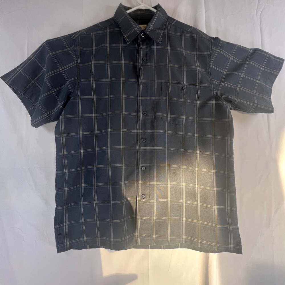 Haggar Mens Short Sleeve Button Down Shirt Navy Blue Grid Plaid Size Large L